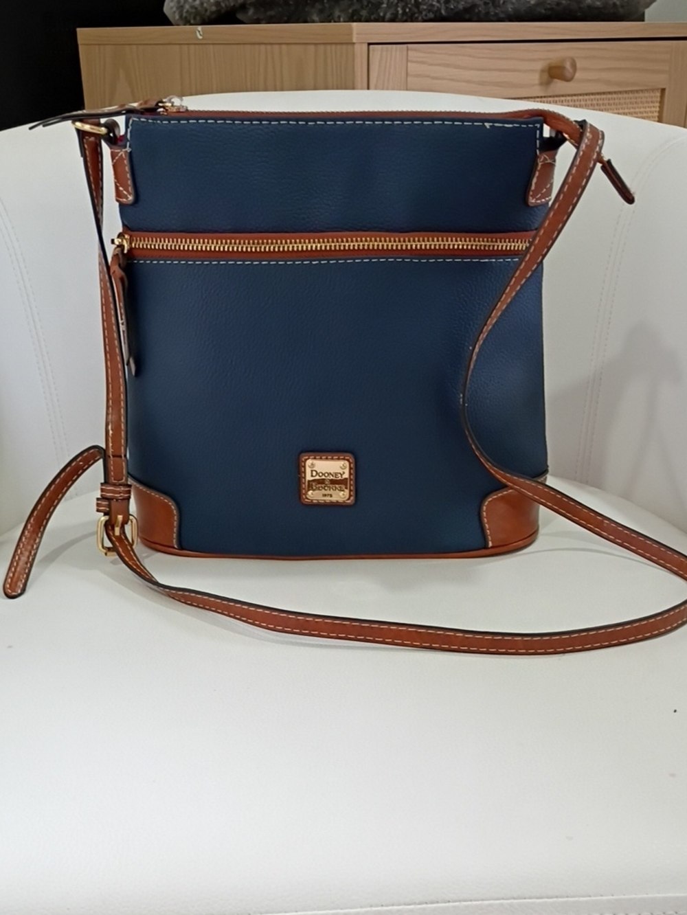 Dooney & Bourke Navy Pebble Grain Leather Crossbody with Brown Leather Trim